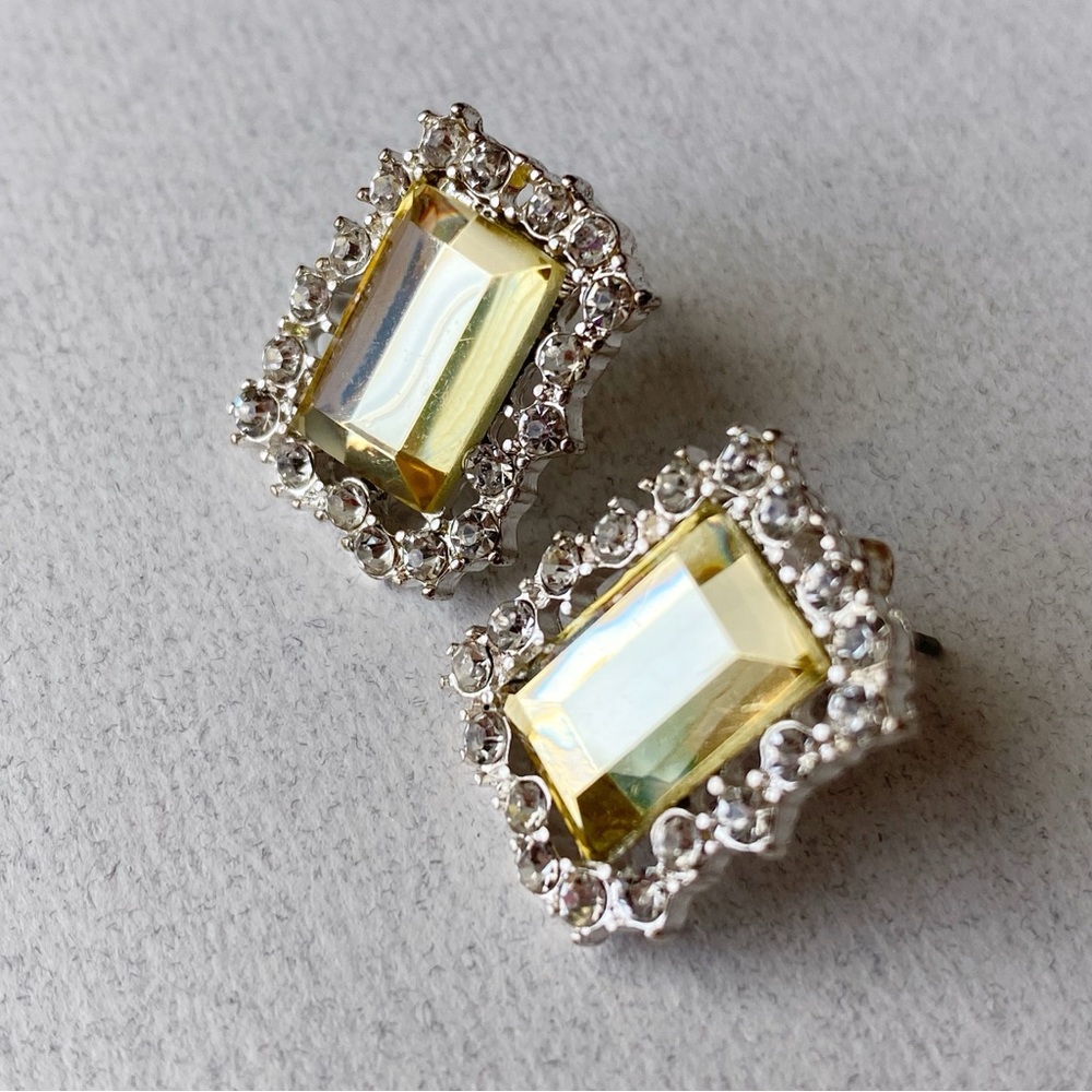 2/$16 Light Yellow Silver Toned Rectangular Faceted Earrings